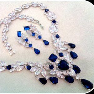 GRADE BLUE SAPPHIRE LAB DIAMOND NECKLACE EARRING